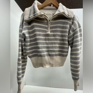 Women's Striped Half-Zip Turtleneck Sweater - Gray & Cream